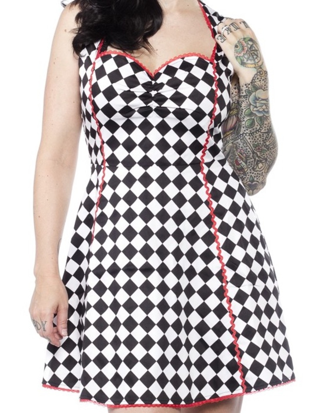 Sourpuss Speed Queen Lucille Dress Black White Diamond Halter Dress Red Trim 3XL